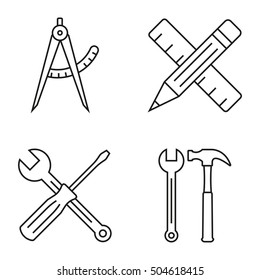 Toolkit Outline Icon Set. Hammer, Wrench, Screwdriver And Ruler With Pencil. Vector Illustration.