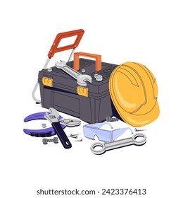 Toolkit for repair. Engineer toolbox. Building instruments, tools: hacksaw, spanner, wrench, pliers. Builder safety: construction helmet, protective glasses. Flat isolated vector illustration on white