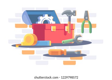 Toolkit with repair equipment, gear wheel, roller, hammer. Concept tools for repair, tools at hand. Vector illustration.