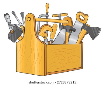 Kit de herramientas con instrumentos de reparación. Caja de herramientas dibujada a mano de Profesional