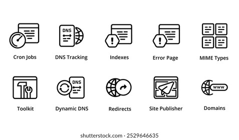 toolkit site publicador dinâmico DNS cron trabalhos agendados rastreamento página erro ícone coleção conjunto ilustração gráfica vetorial hospedagem web servidor ferramentas de gerenciamento