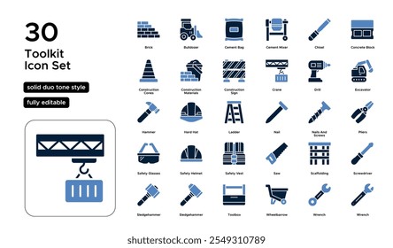 Conjunto de iconos de tono de dúo sólido: herramientas manuales, herramientas eléctricas, kits de reparación e iconos de equipos de mantenimiento