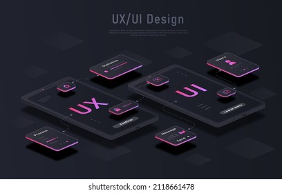 Toolkit UI UX scene creator concept. Development of user interface for mobile application on smartphone. User experience or software. Cartoon modern isometric vector illustration in digital style