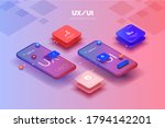 Toolkit-UI/UX scene creator. Mobile application design. Smartphone mockup with active blocks and connections. Creation of the user interface. Modern vector illustration isometric style