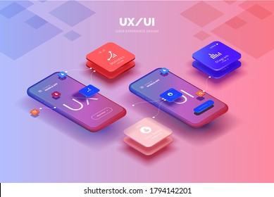 Toolkit  UI/UX scene creator  Mobile application design  Smartphone mockup and active blocks   connections  Creation the user interface  Modern vector illustration isometric style