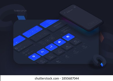 Toolkit-UI/UX scene creator. Mobile application design. Smartphone mockup with active blocks and connections. Creation of the user interface. Modern vector illustration isometric style