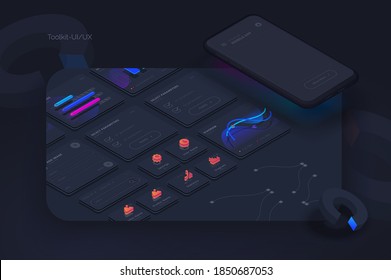 Toolkit-UI/UX scene creator. Mobile application design. Smartphone mockup with active blocks and connections. Creation of the user interface. Modern vector illustration isometric style