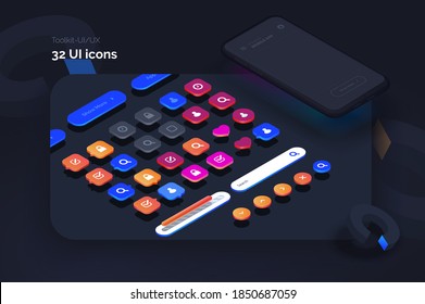 Toolkit-UI/UX scene creator. Mobile application design. Smartphone mockup with active blocks and connections. Creation of the user interface. Modern vector illustration isometric style