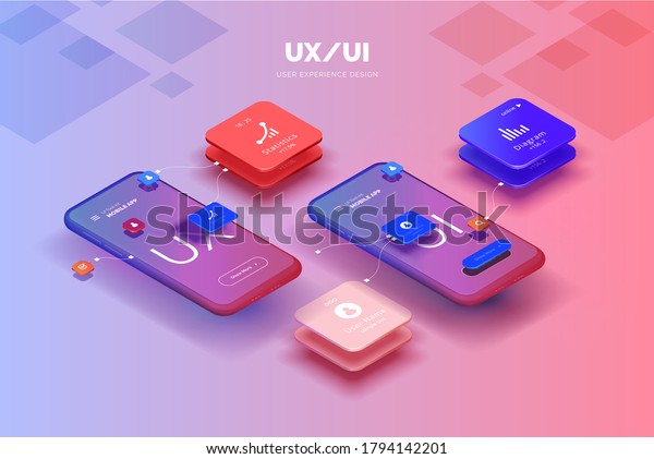 Toolkit-UI/UX\
scene creator. Mobile application design. Smartphone mockup with\
active blocks and connections. Creation of the user interface.\
Modern vector illustration isometric\
style