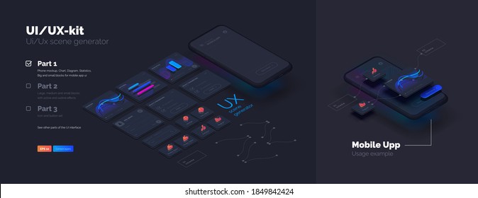 Toolkit-UI/UX scene creator. Part 1 Mobile application design. Smartphone mockup with active blocks and connections. Creation of the user interface. Modern vector illustration isometric style