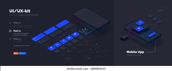 Toolkit-UI/UX scene creator. Part 2 Mobile application design. Smartphone mockup with active blocks and connections. Creation of the user interface. Modern vector illustration isometric style