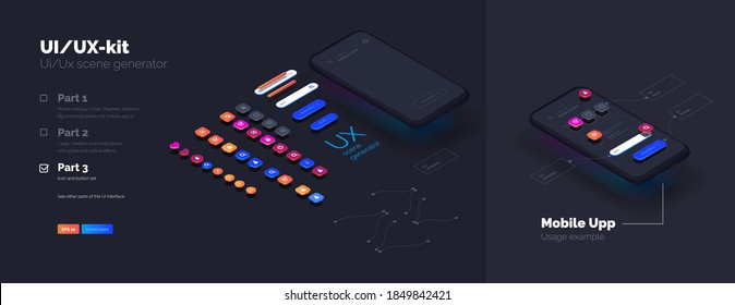 Toolkit-UI/UX scene creator. Part 3 Mobile application design. Smartphone mockup with active blocks and connections. Creation of the user interface. Modern vector illustration isometric style