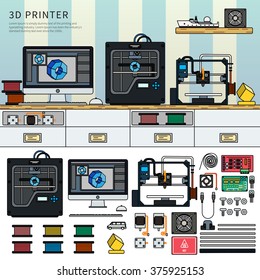 Tools for 3D printing. Technology concept. Printing technics on the table against blue wall. Paints, printer, computer, details isolated on white background. Lline flat design