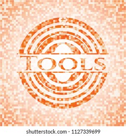 Tools abstract emblem, orange mosaic background