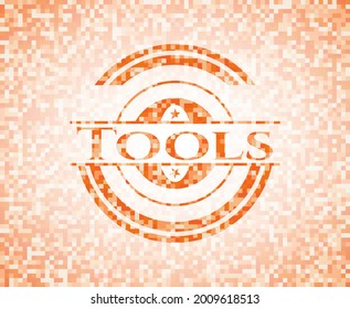 Tools abstract emblem, orange mosaic background 