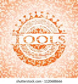 Tools abstract orange mosaic emblem with background