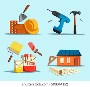 Tools or accessories for house building, construction repair. Drill and hammer, trowel or shovel near bricks and worker helmet, home with ruler and engineer drawing, paint brush. Maintenance theme