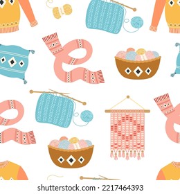 tools and accessories for knitting, crochet seamless pattern on white background, sweater, scarf, basket with threads, knitting needles and knitted cloth, flat vector illustration in cartoon style