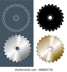 Tools and accessories. Set of Circular saw blade. Contour, solid casting and illustration of a circular saw blade on a white background. Vector illustration
