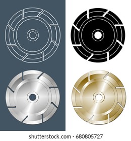 Tools and accessories. Set of Circular saw blade. Contour, solid casting and illustration of a circular saw blade on a white background. Vector illustration