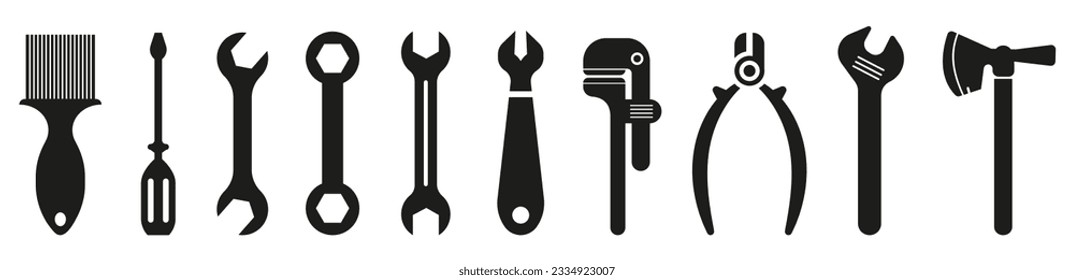 С herramientas de construcción. Llave ajustable, alicates, silueta vectorial de martillo. Pintura para pintar paredes. Constructor, instrumentos de carpintero para reparación.