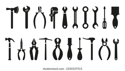 Сonstruction tools. Adjustable wrench, pliers, hammer vector silhouette. Paint brush for painting walls. Builder, carpenter instruments for repair.
