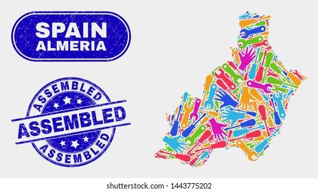 Tools Almeria Province map and blue Assembled grunge watermark. Bright vector Almeria Province map mosaic of tools elements. Blue rounded Assembled imprint.