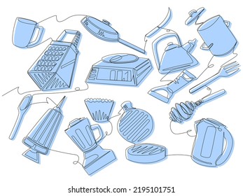 Tools and appliances for cooking in single line with a blue silhouette on a white isolate. Concept with levitating kitchen appliances. Vector supplies for delicious meals. stock image.