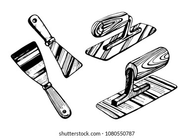 Tools for applying Venetian plaster. Trowel and auxiliary trowel.  Hand drawn vector sketch.