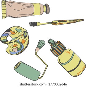 Tools for the artist, drawing. Brushes, tubes drawn by a liner