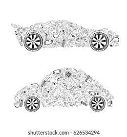 Tools for auto service in the car shape. Transparent background