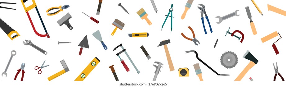 Tools background vector. Isolated on white. Instruments of a carpenter, joiner, locksmith, handyman. Flat style. Rent, sale.	