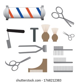 Tools for a barbershop or barber shop for cutting hair or beard in men. Stock vector flat illustration with set or collection with scissors, comb, razor, brush. Tools isolated on a white background