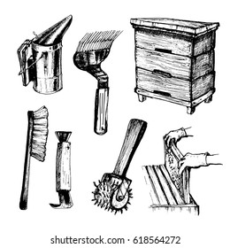 Tools for beekeeping and honey accessories.