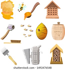 Tools for beekeeping and honey accessories.Vector illustration in flat  cartoon style on white background. 
