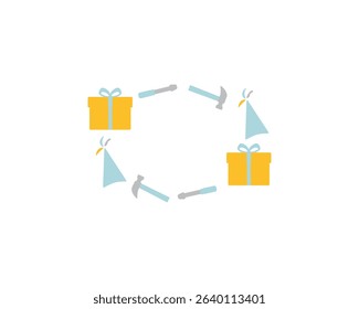 tools, birthday hat and gift box - yellow blue birthday frame