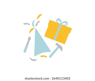 tools, birthday hat and gift box - yellow blue birthday concept
