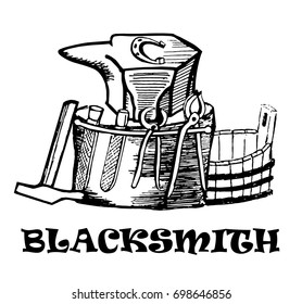 Tools of the blacksmith: anvil, hammer, tongs, file. Hand drawing in medieval style.Vector illustration.
