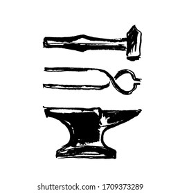 Tools of the blacksmith. Ink illustration.