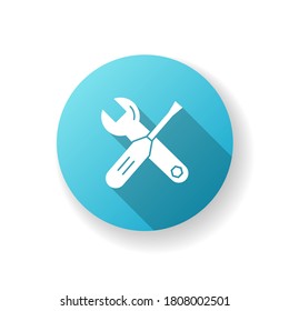 Herramientas diseño plano azul largo sombra de icono de glifo. Llave y destornillador para el hombre de mano. Trabajar con el kit de herramientas. Instrumento de servicio mecánico. Servicio de reparación. Ilustración de color RGB de silueta