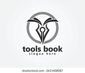 tools book logo, pen tip and book on top, logo design inspiration