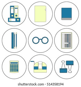 Tools bookkeeper Vector illustration Set of icons of working tools of the bookkeeper: folders, stickers, stationery, counting machine Thin line