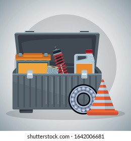 tools box with brake disc and traffic cone over gray background, colorful design, vector illustration