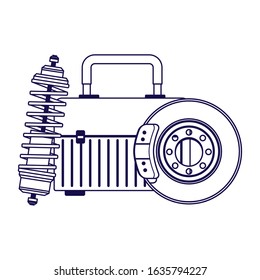 tools box with car brake disc and shock absorber over white background, flat design, vector illustration
