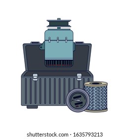tools box and car engine parts over white background, colorful design, vector illustration