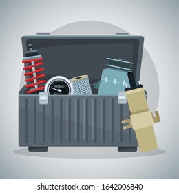 tools box with car engine parts over gray background, colorful design, vector illustration