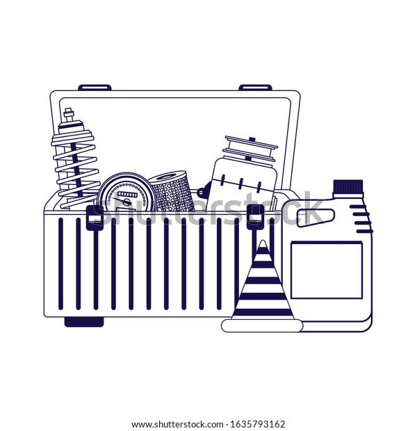 tools box with car parts and oil car bottle\
over white background, vector\
illustration