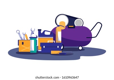 Tools box and machine design, Repair service maintenance job workshop labor work broken and professional theme Vector illustration