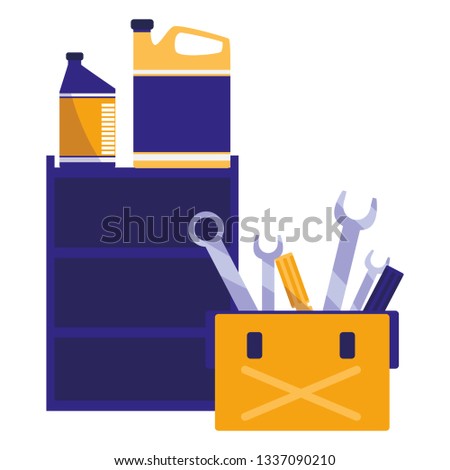 tools box mechanic with oil barrel and gallon