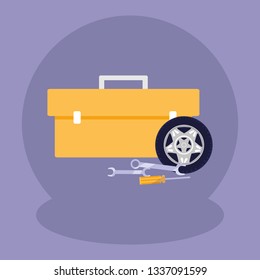 tools box mechanic with wrench keys and tire